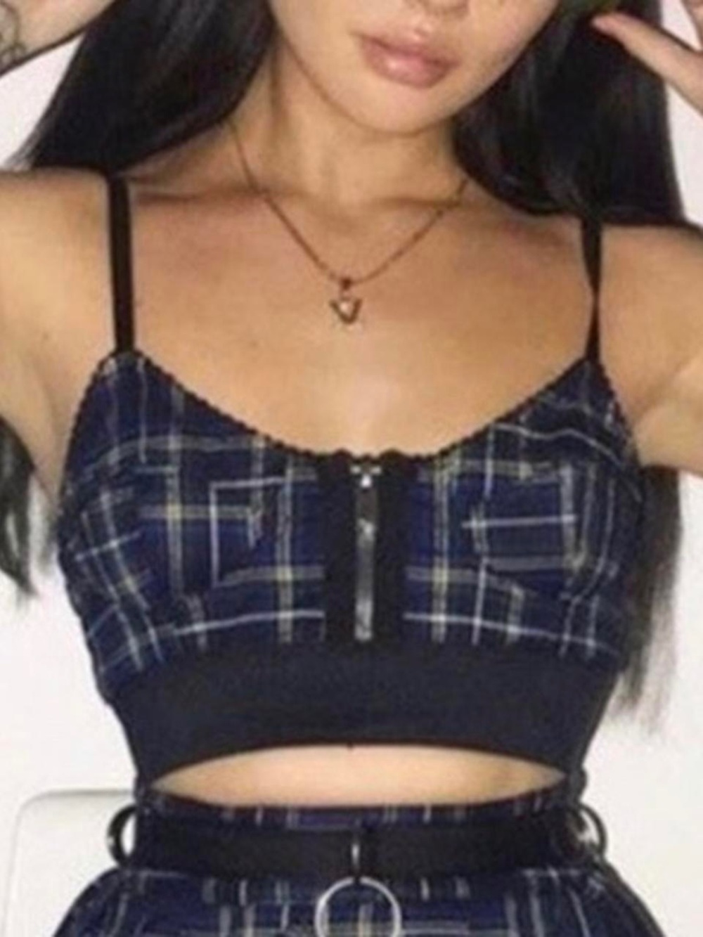 Dolls Kill Navy Green Plaid Zip-Front Bralette top